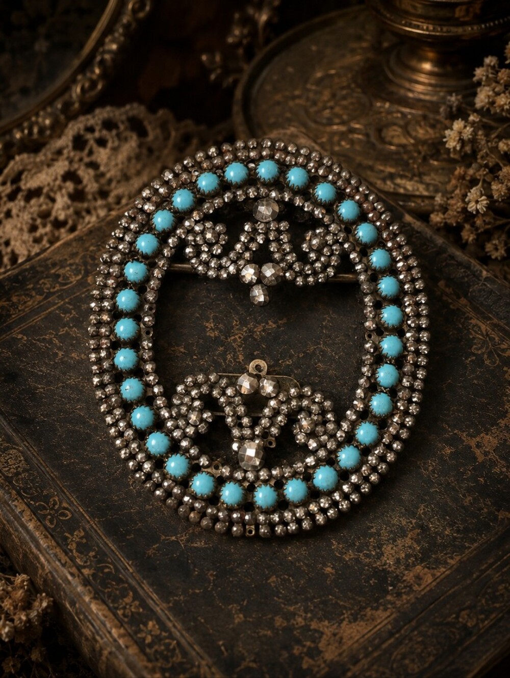 Antique Victorian Cut Steel & Turquoise Belt Buckle | c. 1890–1910